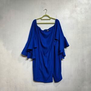Venus Royal Blue Ruffle Bell Sleeve Lined Off Shoulder Sheath Mini Dress Sz 24